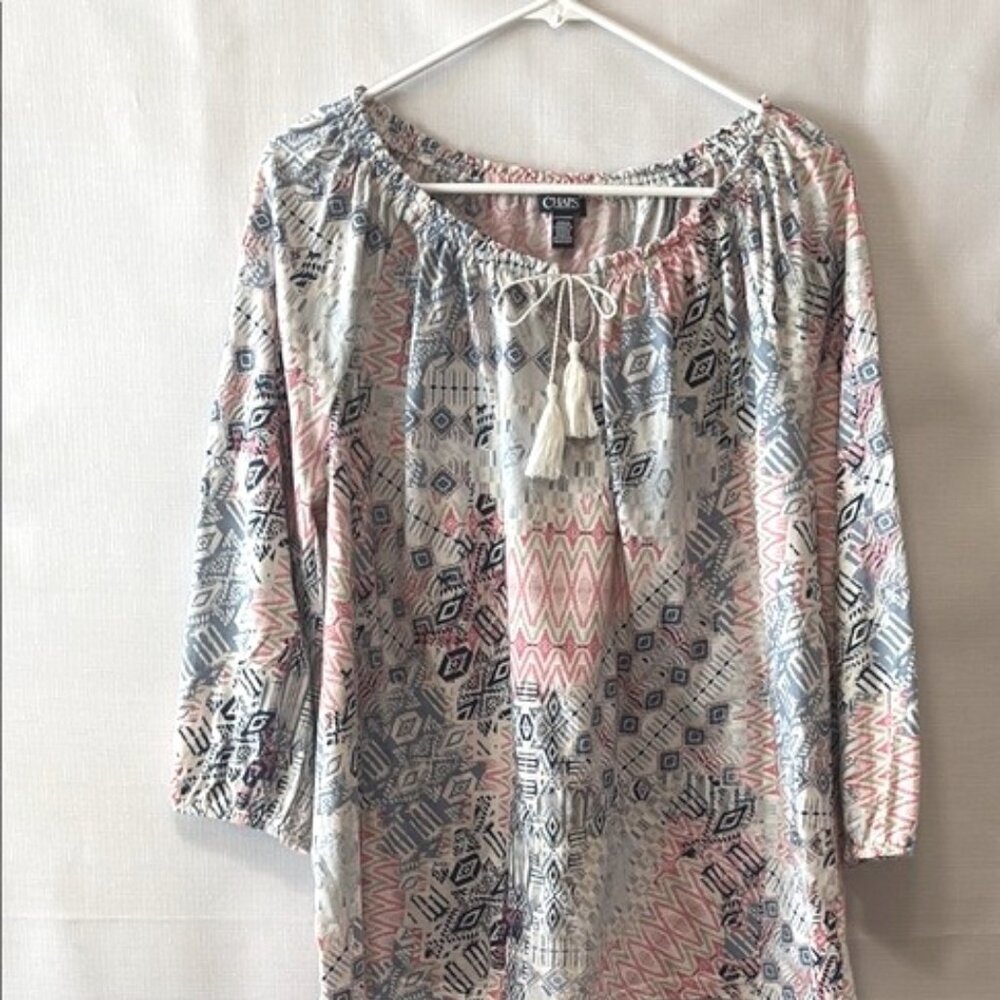 Pink and Blue  Sleeve Tie Front Blouse